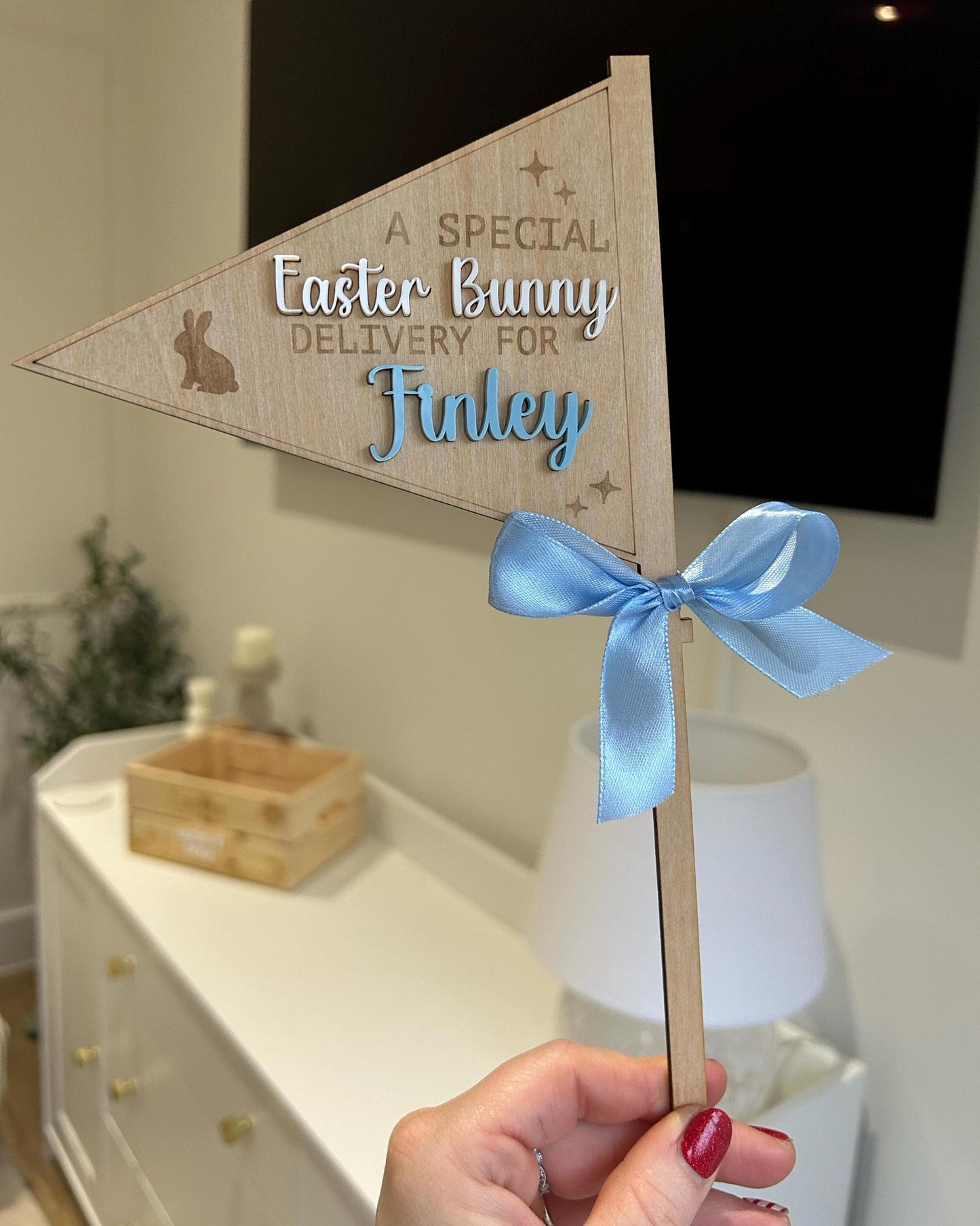 Personalised Easter Hamper Flag – Handmade Wooden Keepsake Gift Tag
