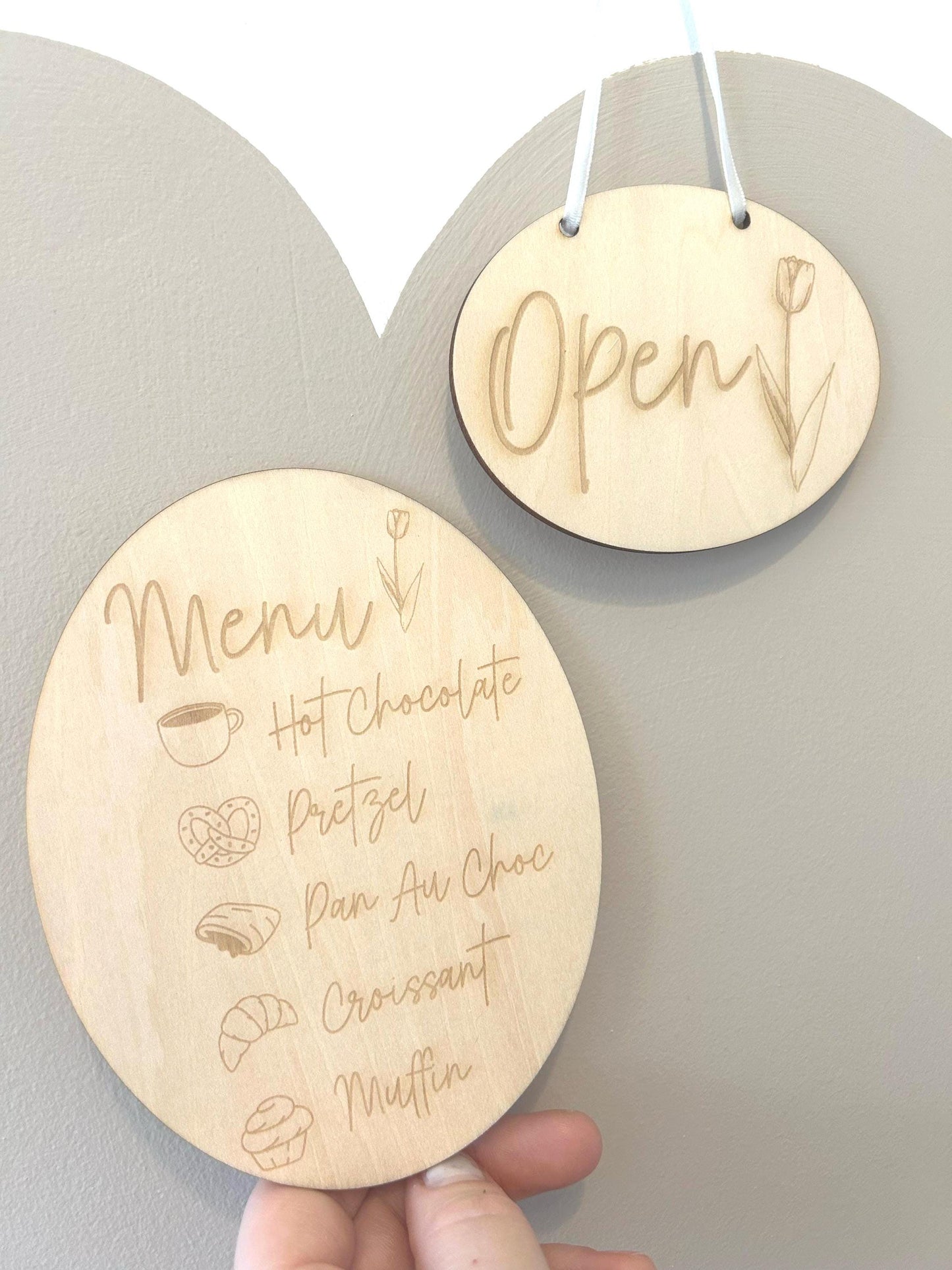 Wooden Cafe Role Play Set – Handmade "Open" Sign & Personalised Menu