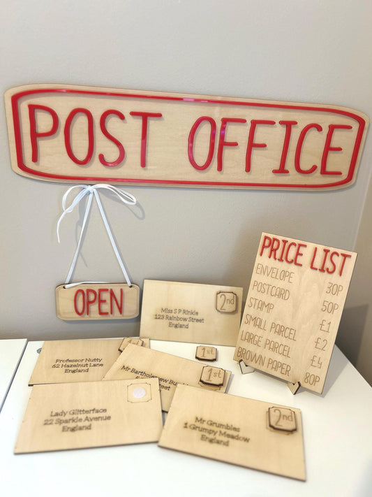Wooden Post Office Role Play Set – Handmade Letters, Stamps & Shop Sign