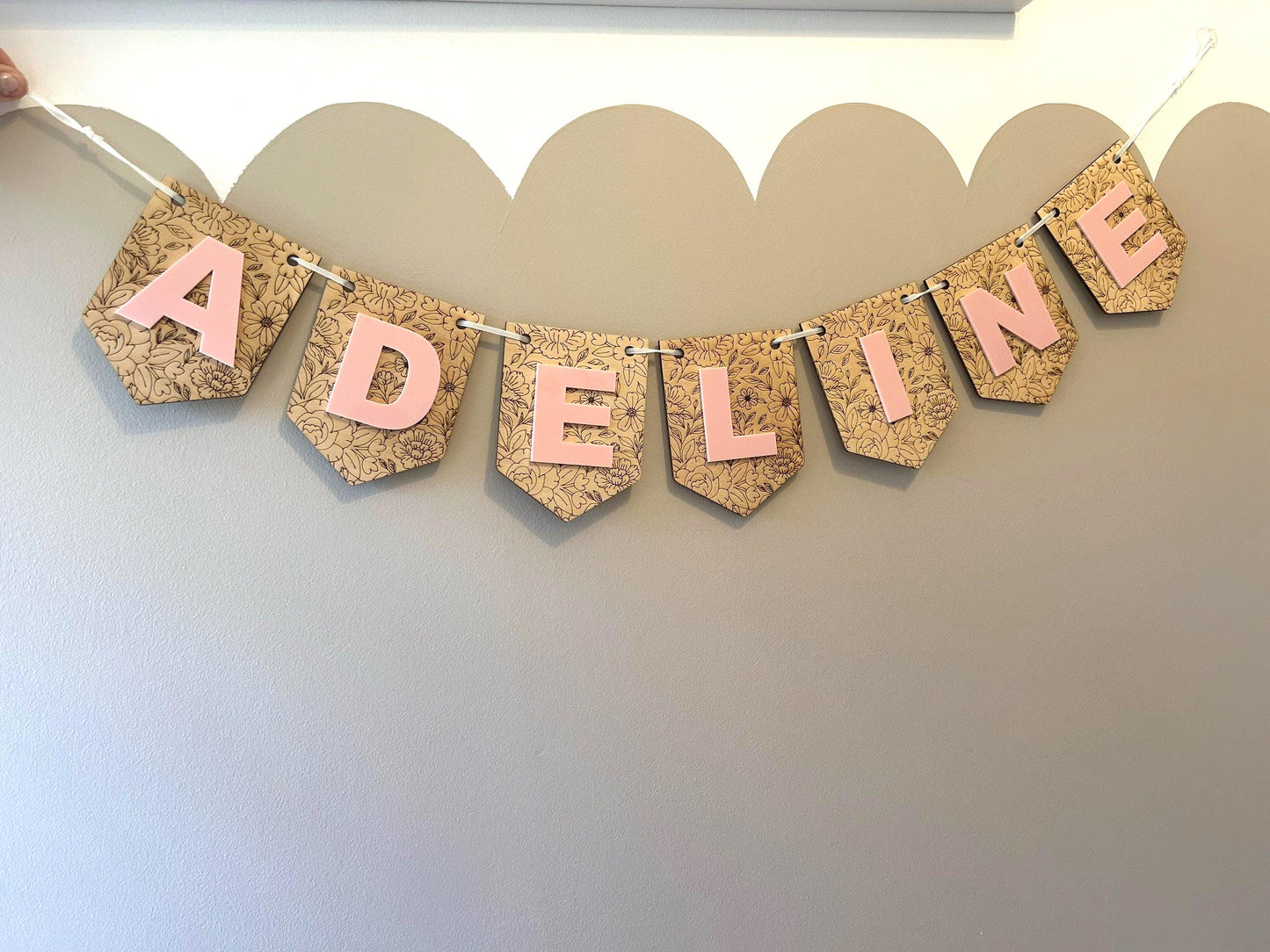 Personalised Floral Name Bunting – Custom Wooden Letter Flags for Nursery & Playroom
