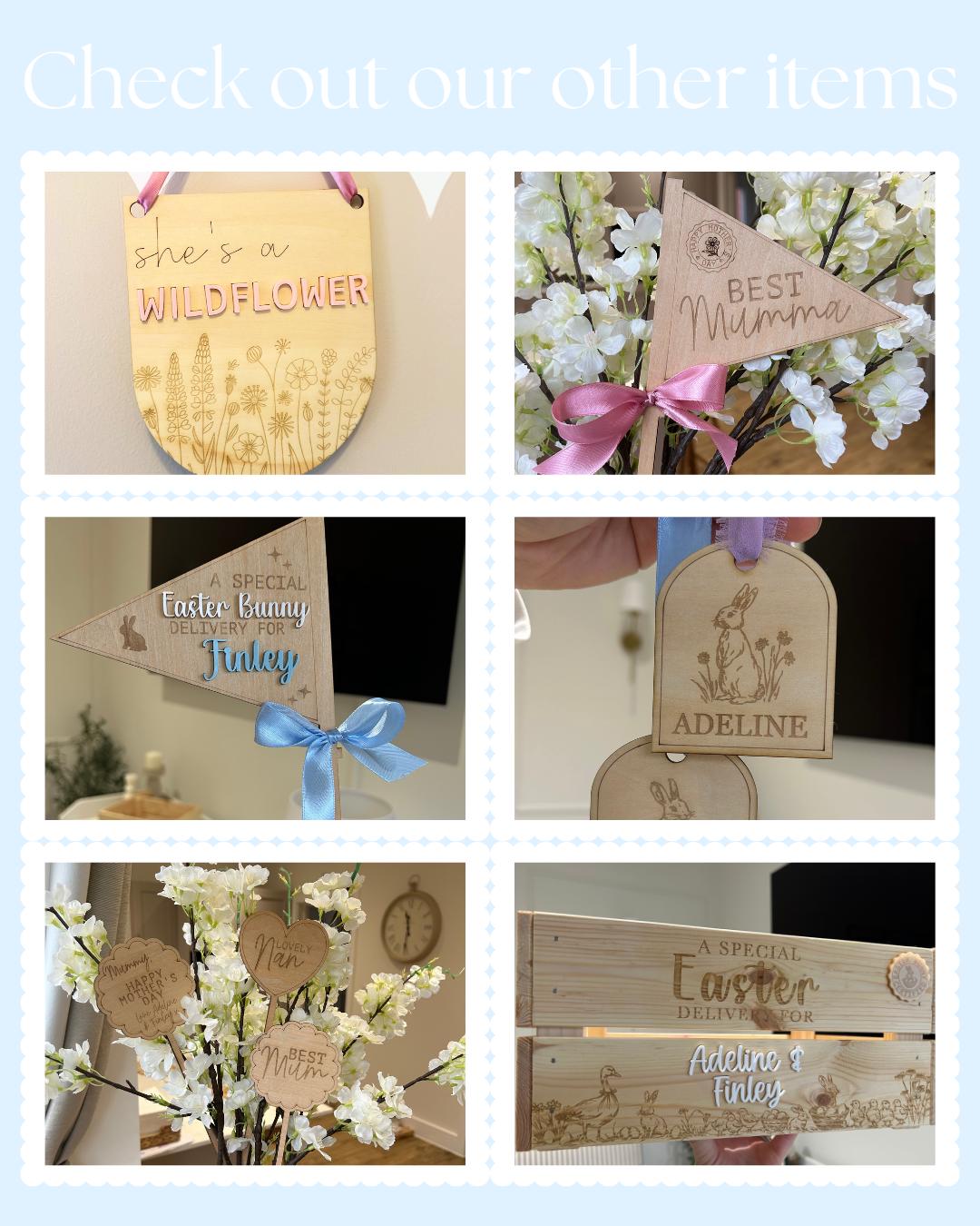 Personalised Mother’s Day Hamper Flag – Handmade Wooden Keepsake Gift Tag
