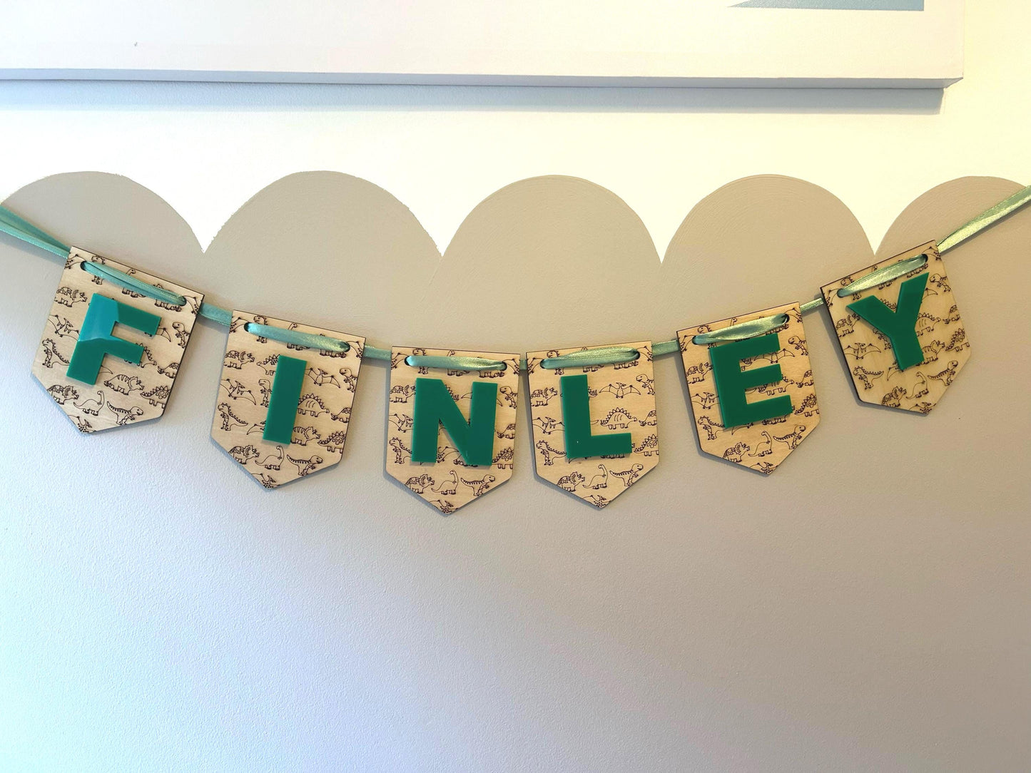 Personalised Dinosaur Name Bunting – Custom Wooden Dino Flags for Nursery & Playroom