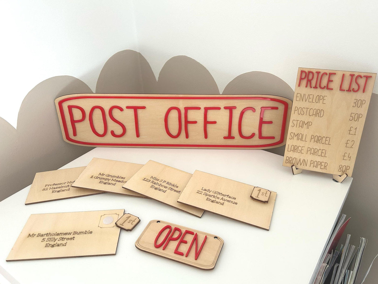 Wooden Post Office Role Play Set – Handmade Letters, Stamps & Shop Sign