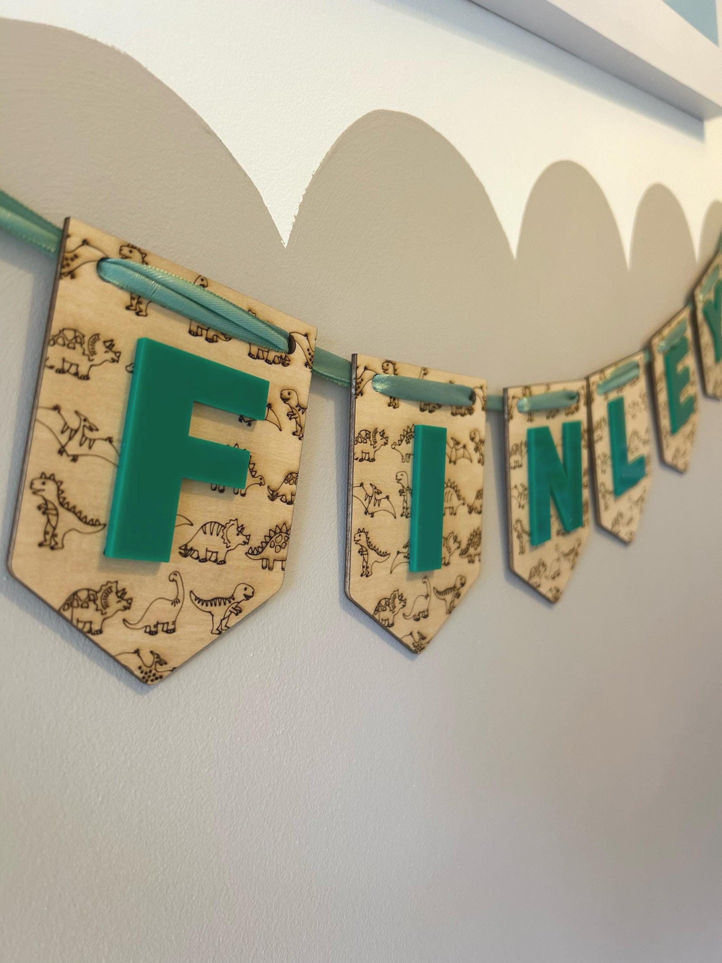 Personalised Dinosaur Name Bunting – Custom Wooden Dino Flags for Nursery & Playroom
