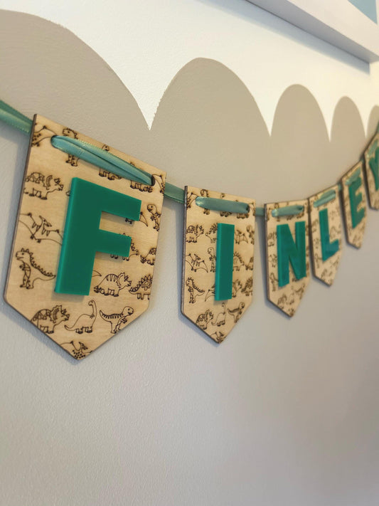 Personalised Dinosaur Name Bunting – Custom Wooden Dino Flags for Nursery & Playroom