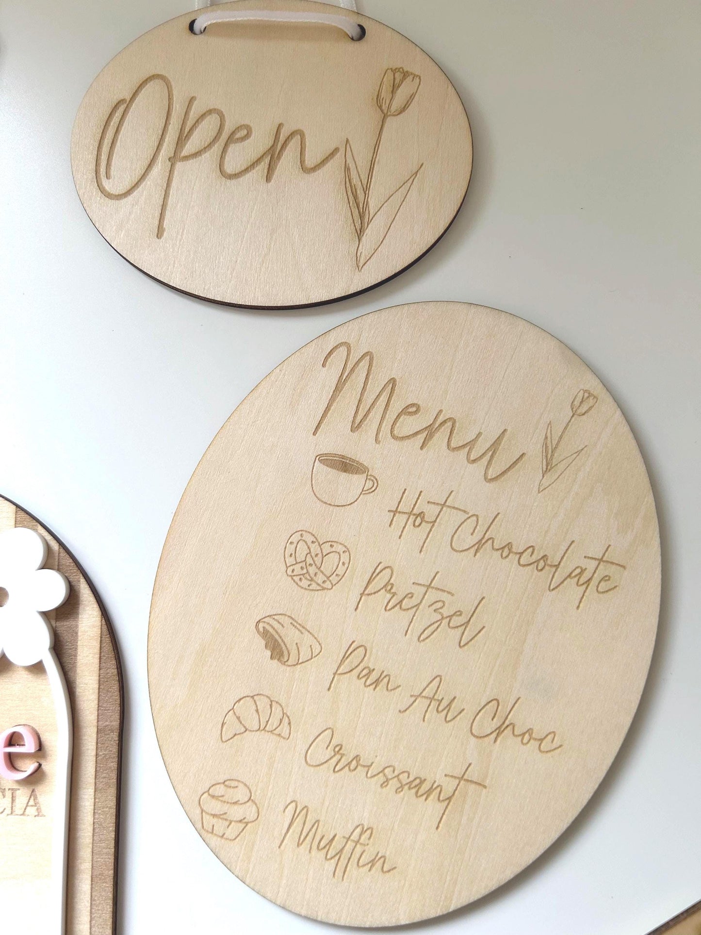 Wooden Cafe Role Play Set – Handmade "Open" Sign & Personalised Menu
