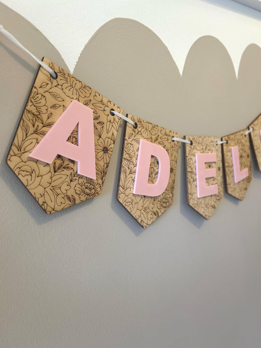 Personalised Floral Name Bunting – Custom Wooden Letter Flags for Nursery & Playroom