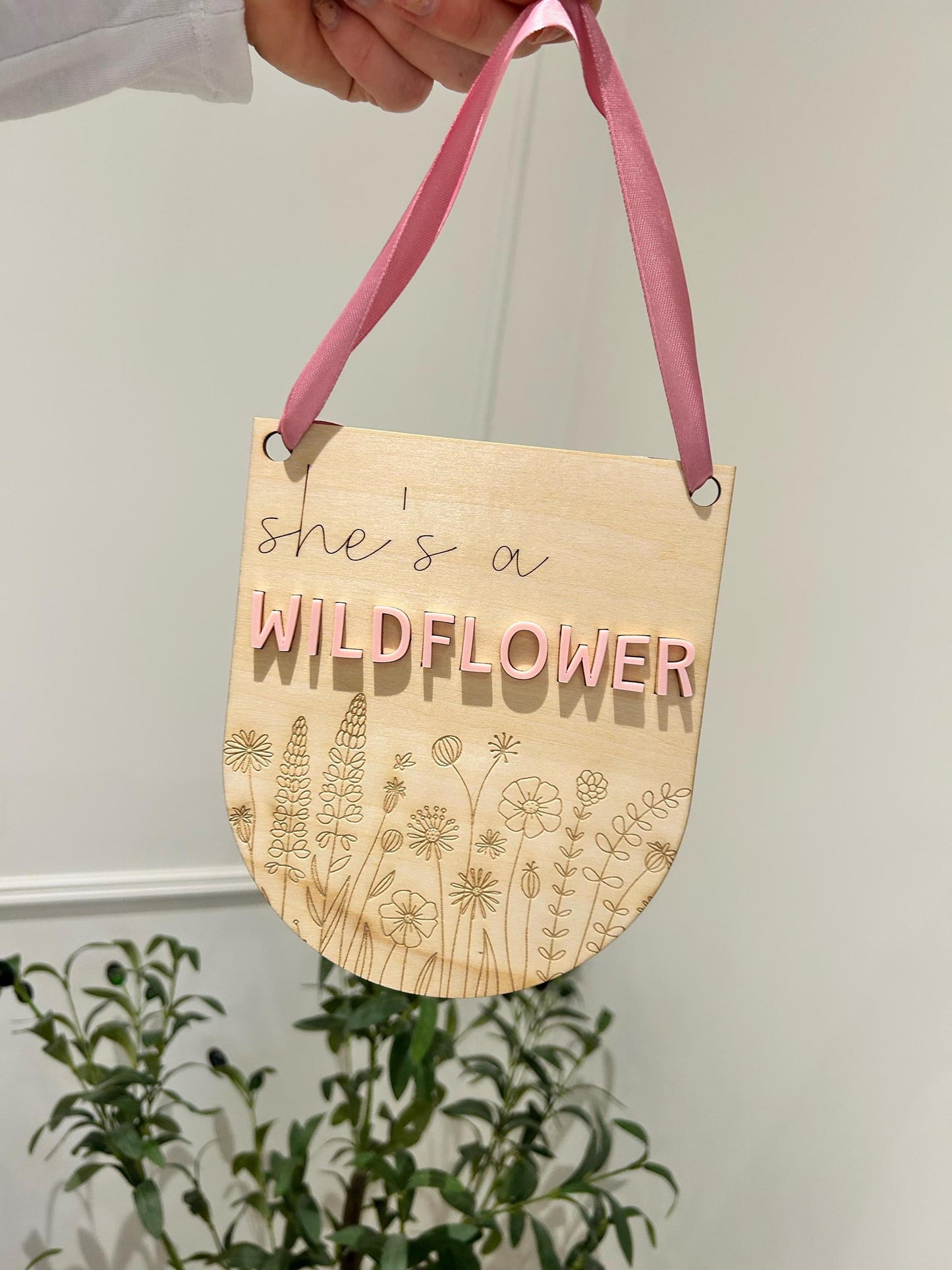 "She’s a Wildflower" Wooden Hanging Sign – Whimsical Floral Wall Art for Girls' Rooms