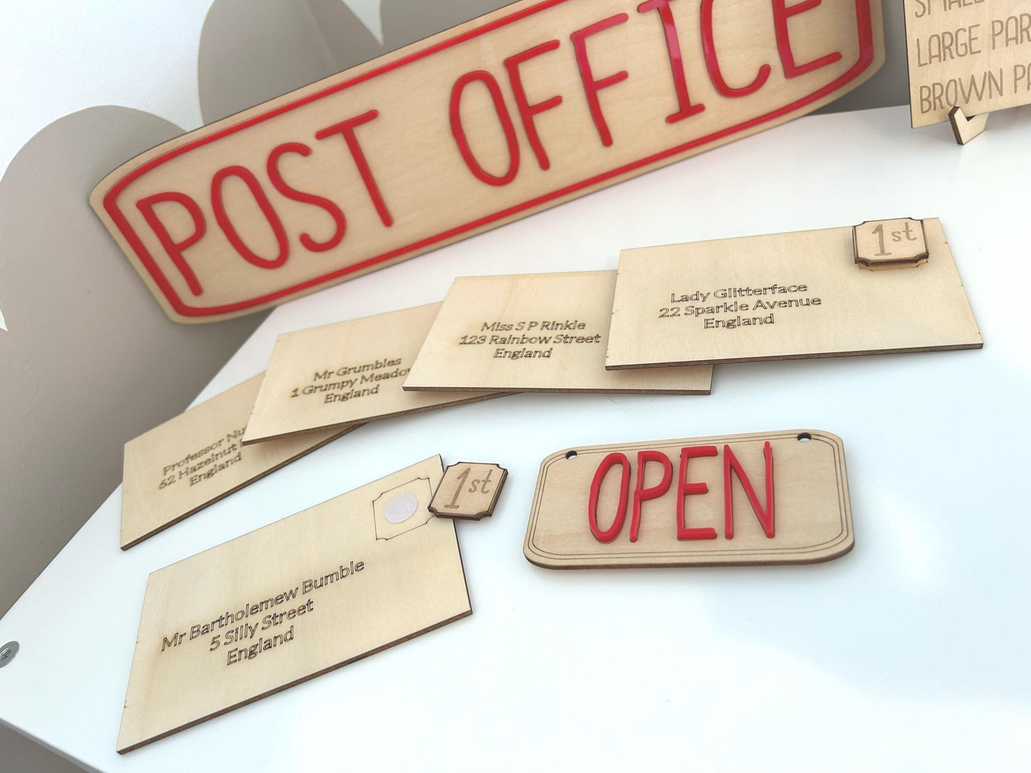 Wooden Post Office Role Play Set – Handmade Letters, Stamps & Shop Sign